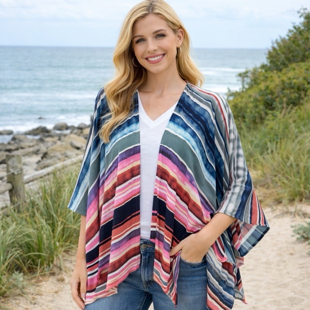 NWOT Rain Multicolored Stripe Kimono Swimsuit Coverup Resort Vacation OS Plus